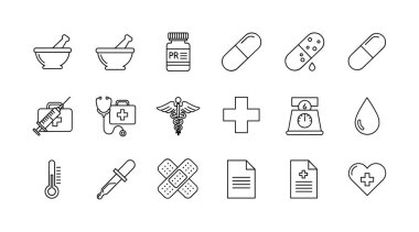 Medikal, eczane ve sağlık hizmetleri kavramlarını temsil eden siyah beyaz simgelerden oluşan basit bir koleksiyon. Tasarım için haplar, steteskop ve ilk yardım sembolleri içerir.