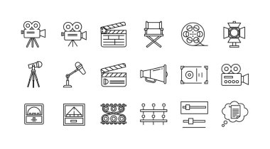 El yapımı karalama tarzı ikonlar, film yapımı, sinema ve video yapımı ile ilgili. Kamera, alkış tahtası, film makarası ve kurgu sembollerini içerir.