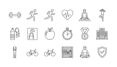 Sağlıklı bir yaşam tarzının çeşitli yönlerini temsil eden siyah-beyaz çizgili sanat simgelerinden oluşan bir koleksiyon. Egzersiz, diyet, tıbbi bakım ve zihinsel refah da dahil..