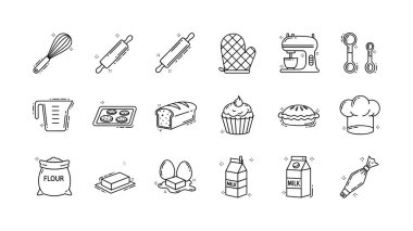 Beyaz bir zemin üzerinde çırpı, merdane, un, yumurta ve süt gibi çeşitli pişirme araçları ve malzemelerinin yer aldığı siyah beyaz çizim çizimleri..