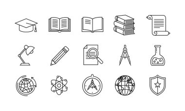 Çeşitli okul konularını temsil eden ve bilim, coğrafya ve mezuniyet gibi kavramları öğrenen on beş karalama stili ikonu. Basit siyah beyaz çizgi çizimleri.
