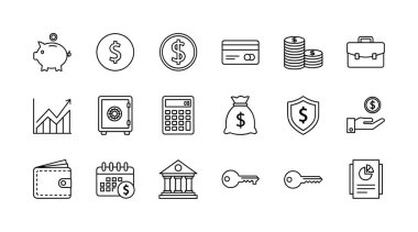 Finansal ve iş kavramlarını temsil eden el çizimi taslak simgelerinden oluşan bir koleksiyon. Beyaz üzerine izole domuz kumbarası, sikke, kredi kartı, kasa ve banka sembolleri içerir.
