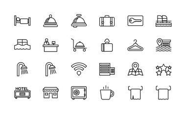 Otel hizmetlerini, seyahatleri ve konaklama olanaklarını temsil eden basit bir dizi ince çizgi simgesi. Beyaz arkaplanda rezervasyon, oda, yemek ve konum için semboller içerir.