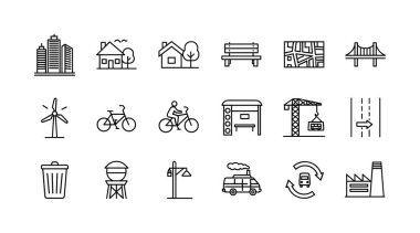 Binalar, ulaşım ve yeşil enerji gibi kentsel öğeleri temsil eden el çizgisi sanat simgelerinden oluşan bir koleksiyon. Şehir altyapısı, ulaşım ve çevresel sembolleri içerir.