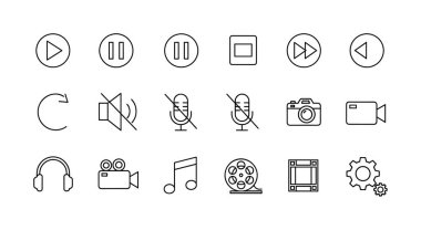 Oyun, duraklama, kayıt, hacim ve diğer multimedya kontrol sembolleri de dahil olmak üzere medya oyuncusu arayüzleri için minimalist ince çizgi simgelerinin bir koleksiyonu. Beyaz bir arkaplanda izole edilmiş.