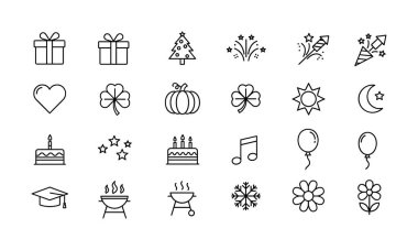 Noel, doğum günleri, Cadılar Bayramı ve Aziz Patrick Günü gibi etkinlikler için ince çizgi simgelerinden oluşan bir vektör koleksiyonu. Hediyeler, pastalar, havai fişekler ve mevsimler için semboller içerir.