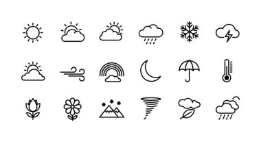 Güneş, bulutlar, fırtına ve sıcaklık gibi hava tahmini sembolleri içeren minimalist çizgi ikonu koleksiyonu, artı grafik tasarımı için mevsimsel ve doğa elementleri.