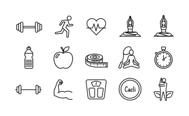 Spor, egzersiz, diyet ve sağlıklı bir yaşam tarzını temsil eden siyah beyaz çizgili sanat simgelerinden oluşan bir koleksiyon. Dambıl, yoga, koşu ve elma sembolleri içerir.