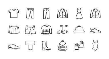 Çeşitli giyim ve aksesuar çeşitlerini temsil eden minimalist taslak simgelerinden oluşan bir koleksiyon. Gömlek, pantolon, ceket, elbise, ayakkabı ve daha fazlasını içeriyor. Kullanıcı arayüzü tasarımı için mükemmel.