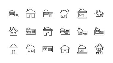 Temiz, minimalist taslak tarzında çeşitli ev ve emlak ikonları koleksiyonu. Web tasarımı, kullanıcı arayüzleri ve özelliklerle ilgili grafik ögeleri için mükemmel.