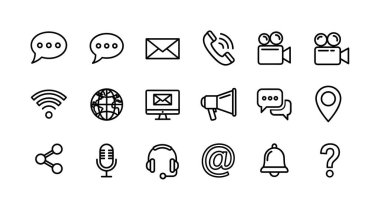 Sohbet, e-posta, telefon, video, kablosuz ağ ve dünya gibi çeşitli iletişim ve teknoloji simgelerinden oluşan bir koleksiyon, kullanıcı arayüzleri için basit bir siyah-beyaz özet biçimi ile tasarlandı.