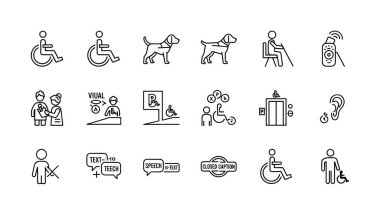 Tekerlekli sandalye erişimi, rehber köpekler, işitme cihazları ve görme engelli araçları gibi erişilebilirliğin çeşitli yönlerini temsil eden siyah beyaz çizgi simgelerinden oluşan bir koleksiyon..