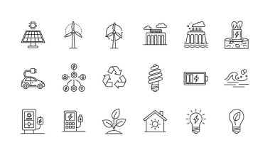 Sürdürülebilirlik, yeşil güç ve çevresel koruma kavramlarını temsil eden siyah beyaz çizgi sanat simgelerinin bir koleksiyonu. Güneş, rüzgar, jeotermal ve elektrikli araç sembollerini içerir.