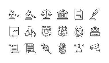 Kanun, adalet ve hukuk sistemini temsil eden karalama tarzı simgelerden oluşan bir derleme. Bu sette tokmak, adalet terazisi, adliye, polis rozeti ve daha fazlası gibi semboller yer alıyor..