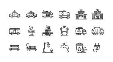 Polis arabası, ambulans, otobüs, geri dönüşüm kutusu ve kamu binaları da dahil olmak üzere şehir hayatını ve kamu hizmetlerini temsil eden karalama tarzı sanat simgeleri beyaz bir arka planda izole edilmiş..