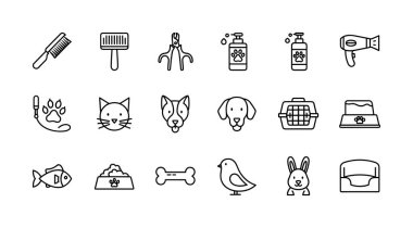 Çeşitli evcil hayvanları, bakım aletlerini ve evcil hayvan bakım malzemelerini temsil eden siyah beyaz çizgili sanat simgeleri. Köpek, kedi, kuş, tavşan, yiyecek ve aksesuarları içerir.
