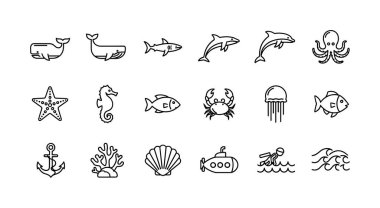 Çeşitli deniz ve okyanus temalı simgeler. Basit siyah beyaz karalama tarzında. Balina, yunus, ahtapot, yengeç, denizaltı ve diğer deniz canlılarını içerir..