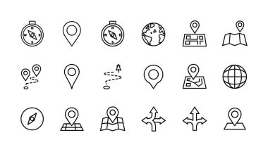Haritalama, navigasyon, konum pimleri, rotalar, pusulalar ve küreleri temsil eden çok yönlü bir çizgi simgesi seti. UIUX tasarımı ve dijital projeler için mükemmel.