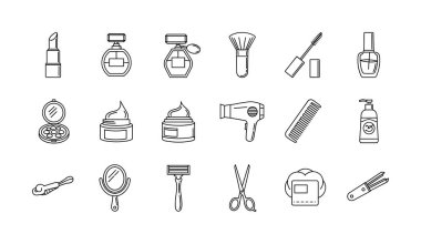 Ruj, rimel, parfüm ve saç kurutma makinesi gibi çeşitli güzellik, kozmetik ve kişisel bakım ürünlerini temsil eden 18 el çizilmiş karalama tarzı ikonlar..