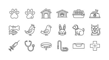 Köpek, kedi ve kuş gibi hayvanları temsil eden basit sanat simgelerinin yanı sıra stetoskop, şırınga ve tıbbi haç gibi veterinerlik malzemeleri..