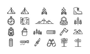 Yürüyüş ve kamp gibi açık hava aktiviteleri için yirmi ana hatlı ikonun vektör illüstrasyonu. Macera ve seyahat kavramları için izole semboller.