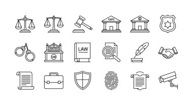 Elle çizilmiş taslak şeklinde çeşitli hukuk, adalet ve hukuk sistemi simgeleri koleksiyonu. Beyaz arka planda pullar, tokmak, mahkeme salonu ve kelepçe gibi semboller içerir.