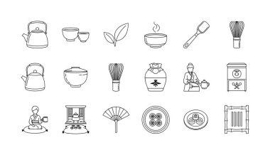 Geleneksel Japon çay seremonisi öğelerini tasvir eden çizimler. Çaydanlık, kibrit kutusu, çırpma ve diğer kültürel öğeleri basit bir sanat tarzında içerir..