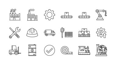 Fabrika üretimi, lojistik, ulaşım ve kalite kontrolü gibi endüstrinin çeşitli yönlerini temsil eden basit siyah beyaz çizgi sanat simgelerinden oluşan bir koleksiyon..