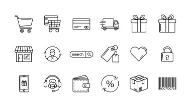 E-ticaret siteleri ve uygulamaları için karalama stili simgeleri koleksiyonu. Alışveriş arabası, teslimat, ödeme ve müşteri hizmetleri sembollerini içerir.