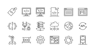 Yazılım geliştirme, kodlama ve teknolojiyle ilgili ince çizgi simgelerinin bir koleksiyonu. API, veritabanı, bulut hesaplama, hata ayıklama ve kullanıcı arayüzü tasarımı için semboller içerir.