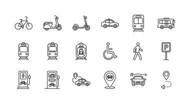 Toplu taşıma araçları, kişisel hareketlilik, elektrikli araçlar ve seyrüsefer sembolleri de dahil olmak üzere çeşitli şehir ulaşım biçimlerini temsil eden el çizgisi resim simgeleri koleksiyonu.