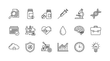 Beyaz bir arkaplanda tıptaki, sağlık, bilim ve iş analitiği kavramlarını temsil eden karalama tarzı sanat simgeleri koleksiyonu.