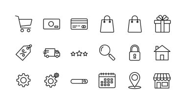 Alışveriş arabası, ödeme, teslimat ve ayarlar da dahil olmak üzere çevrimiçi perakende için 20 temel taslak simgesi. UI ve UX tasarımı için beyaz arkaplanda izole edilmiş vektör grafik sembolleri.