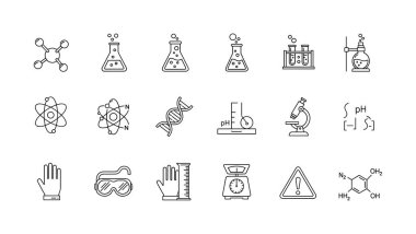 Bilim ve kimya için eskiz stili ikonlar koleksiyonu. Beyaz arka planda izole edilmiş mikroskop, beher, DNA, molekül, atom ve güvenlik ekipmanları sembollerini içerir.
