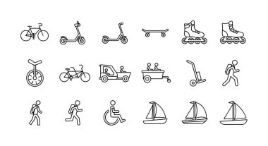 Gezmenin ve hareket etmenin farklı yollarını gösteren siyah-beyaz çizim ikonları. Bisikletler, scooterlar, kaykaylar, botlar, yürüyen, koşan insanlar ve tekerlekli sandalyedekiler de dahil..