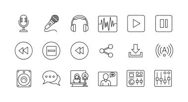 Müzik, podcast ve medya kontrolüyle ilgili karalama tarzı simgeler koleksiyonu. Mikrofon, kulaklık, çalma, duraklatma, karıştırma ve hoparlör sembollerini içerir.