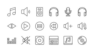 Müzik ve sesle ilgili minimalist taslak simgelerinden oluşan bir derleme. Web ve mobil arayüzler için çalma, ses, kulaklık, mikrofon ve eşitleyici sembolleri içerir.