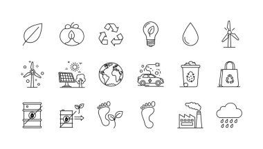 Beyaz arka planda yenilenebilir enerji, geri dönüşüm, sürdürülebilirlik ve korunma gibi çeşitli çevresel ve ekolojik temaları temsil eden bir dizi el çizimi simge.