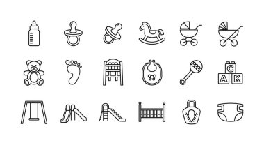 Bir şişe, emzik, beşik, oyuncaklar ve beyaz arka planda izole edilmiş oyun ekipmanları gibi çeşitli bebek malzemelerini temsil eden basit siyah beyaz taslak simgelerinden oluşan bir koleksiyon..