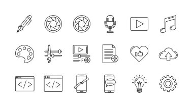Yaratıcılığı, multimedyayı, web gelişimini ve sosyal ağları temsil eden bir dizi siyah beyaz taslak ikonu. Sanat, video, müzik, kodlama ve fikirler için semboller içerir.