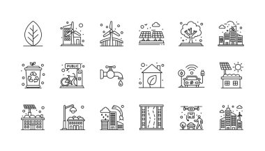 Ekolojiyi, yeşil teknolojiyi ve sürdürülebilir yaşamı temsil eden siyah beyaz çizgi sanat simgelerinden oluşan bir koleksiyon. Güneş enerjisi, geri dönüşüm ve çevre dostu evler gibi kavramları içerir.