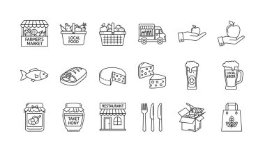 Taze üretim, ekmek, peynir, bira, teslimat hizmetleri ve alışveriş unsurları içeren yerel bir çiftçi pazarını temsil eden bir taslak tarzı simge koleksiyonu.