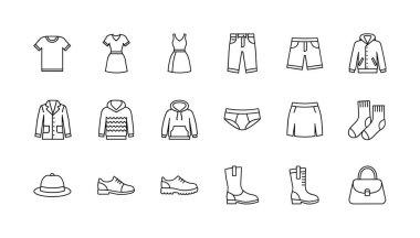 Moda ve giysi için 18 taslak simge seti. Tişört, elbise, kapüşon, şort, ayakkabı, bot ve el çantası gibi şeyleri içerir. Beyaz bir arkaplanda izole edilmiş.