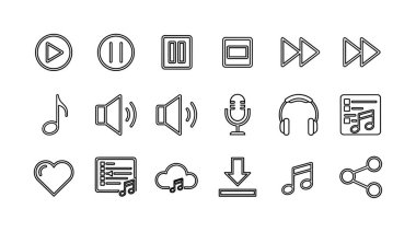 Ses ve video uygulamaları için kabataslak çizgi sanat simgeleri koleksiyonu. Beyaz arkaplanda izole edilmiş oyun, duraklama, ses, indirme ve paylaşma simgelerini içerir.