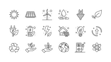 Güneş panelleri, rüzgar türbinleri gibi yeşil enerji kaynaklarını ve geri dönüşüm, çevre dostu güç ve sürdürülebilirlik gibi kavramları temsil eden bir dizi vektör çizgisi simgesi.