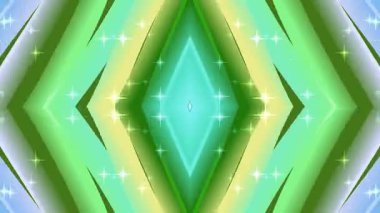 Parlayan yeşil, mavi ve sarı elmas şekilli parlayan yıldız benzeri parçacıklara sahip simetrik kaleydoskopik bir kaleydoskopik desen içeren kusursuz bir döngü animasyonu.