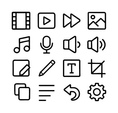 Video, ses, metin ve ekin, kopyalama ve geri alma gibi yaygın araçları içeren multimedya uygulamaları ve düzenleme yazılımı için on altı basit siyah çizgi simgesi seti.