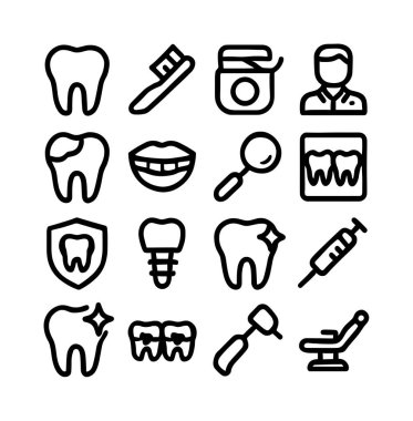 Diş sağlığı, dişçilik, araç gereç, prosedür ve bakım ürünleri de dahil olmak üzere dişçiliğin çeşitli yönlerini temsil eden on altı adet siyah beyaz çizgi ikonu..