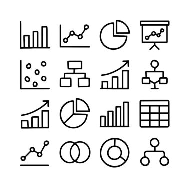 Çeşitli veri çizelgeleri ve grafikleri temsil eden 16 basit çizgi simgesinden oluşan bir koleksiyon. İş raporları ve sunumlar için bar grafikleri, çizgi grafikleri, pasta grafikleri, dağıtım grafikleri ve akış grafiklerini içerir.