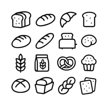 Ekmek, kruvasan, kraker ve kraker gibi çeşitli ekmek ve fırın ürünlerini temsil eden 16 adet minimalist tasarım ikonu..